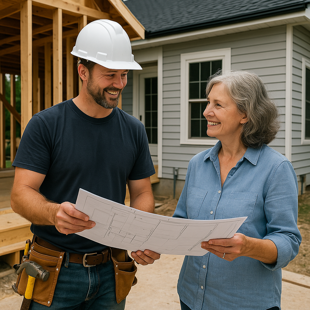 ChatGPT Image May 21, 2025, 05_34_59 PM Builder and homeowner discussing construction plans in front of a partially completed home addition