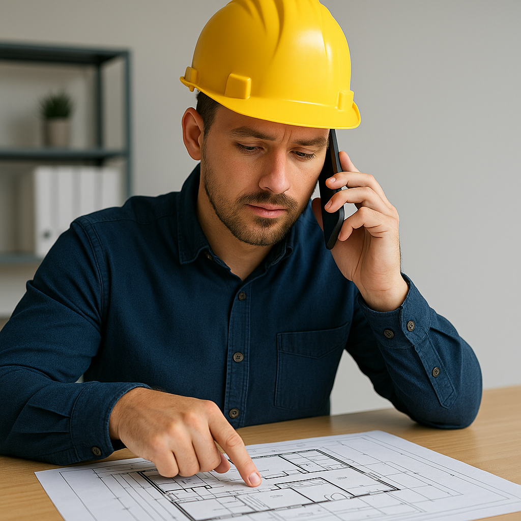 ChatGPT Image May 21, 2025, 05_40_15 PM Construction professional reviewing blueprints while speaking on the phone, demonstrating clear client communication